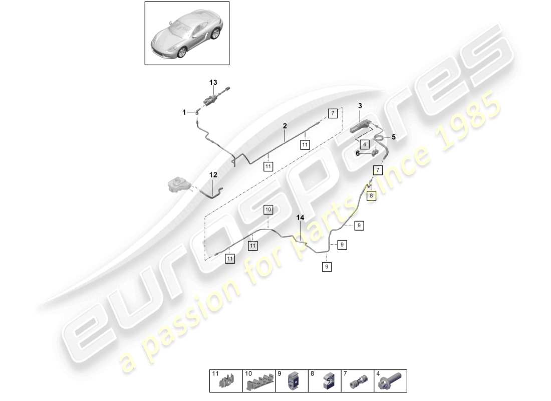 porsche 2023 (718 cayman) accionamiento del acoplamiento hidráulico cilindro maestro del embrague cilindro esclavo del embrague diagrama de piezas de la manguera