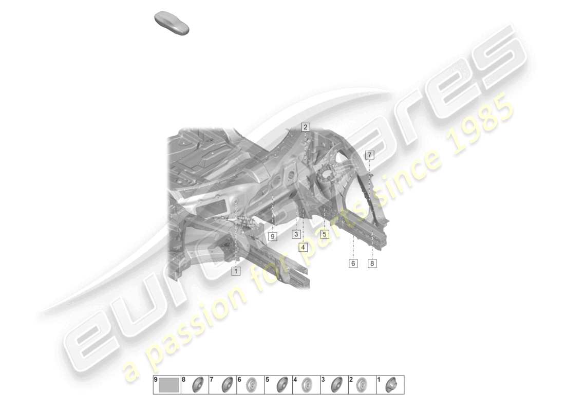 porsche 2023 (taycan 9j1-1) larguero interior del extremo delantero cortafuegos diagrama de piezas