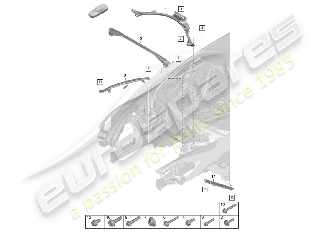 porsche 2026 (panamera 976) diagrama de piezas del extremo delantero del puntal de la cúpula