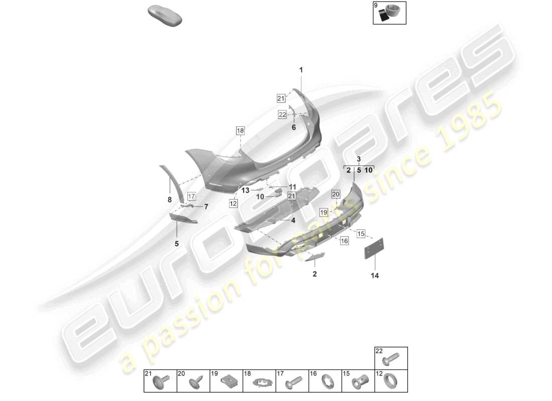 porsche 2021 (taycan 9j1-1) parachoques trasero para variante de equipamiento: básico offroad cross turismo diagrama de piezas