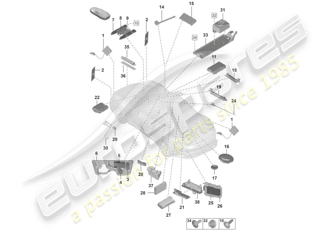 porsche 2023 (992-1) antena amplificador de antena altavoz de llamada de emergencia lector de tarjetas con chip para sistema de peaje de carreteras conexión para usb y aux-in diagrama de piezas