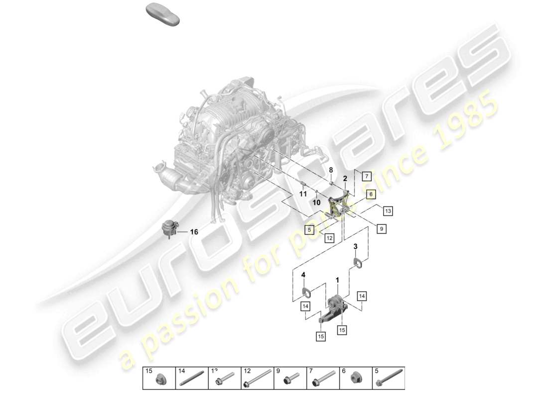porsche 2021 (718 cayman gt4) diagrama de piezas del dispositivo de elevación del motor