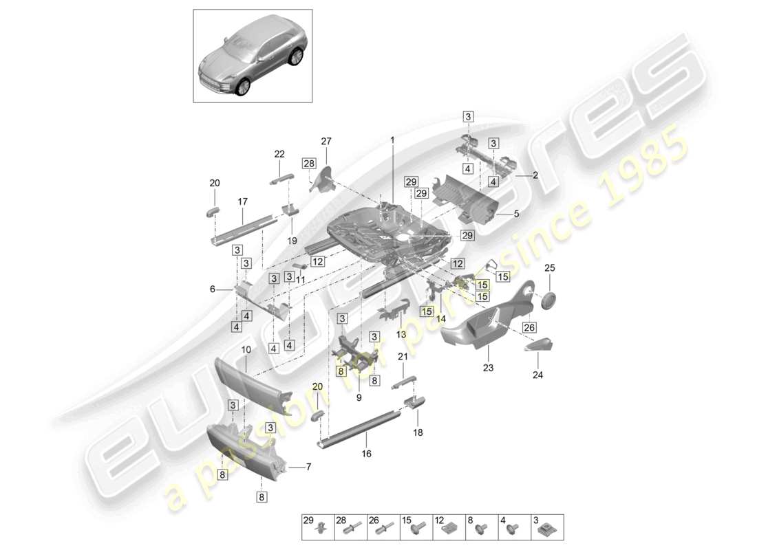 porsche 2023 (macan) marco para asiento accesorios varios asiento estándar diagrama de piezas