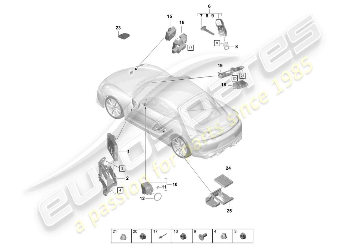 porsche 2021 (718 cayman gt4) unidades de control parte delantera parte trasera transmisor portátil interruptor de encendido/arranque diagrama de piezas de la antena