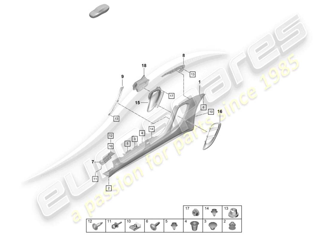 porsche 2021 (718 boxster spyder) diagrama de piezas del compartimento del motor de la moldura del miembro lateral y guía de aire