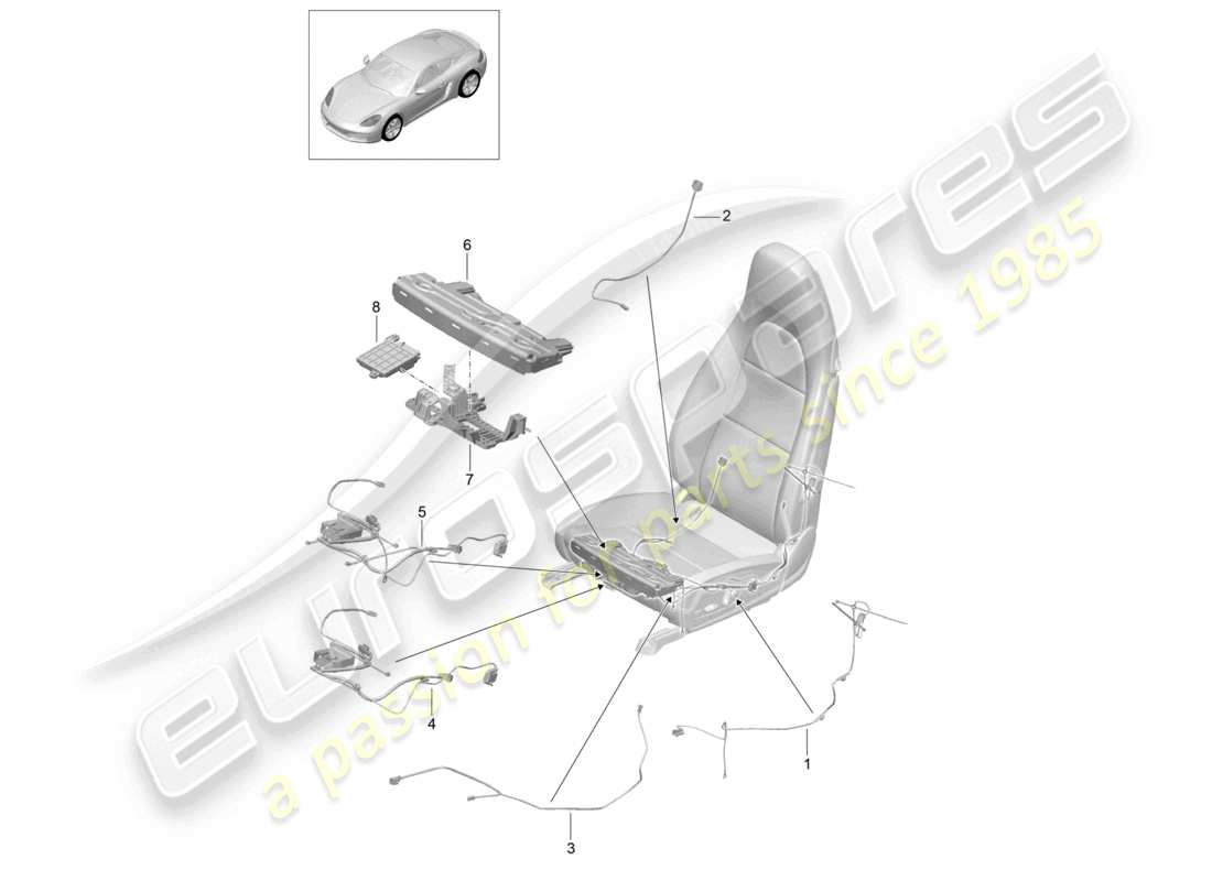 porsche 2023 (718 cayman) diagrama de piezas del asiento deportivo del motor eléctrico de la unidad de control del interruptor de cableado