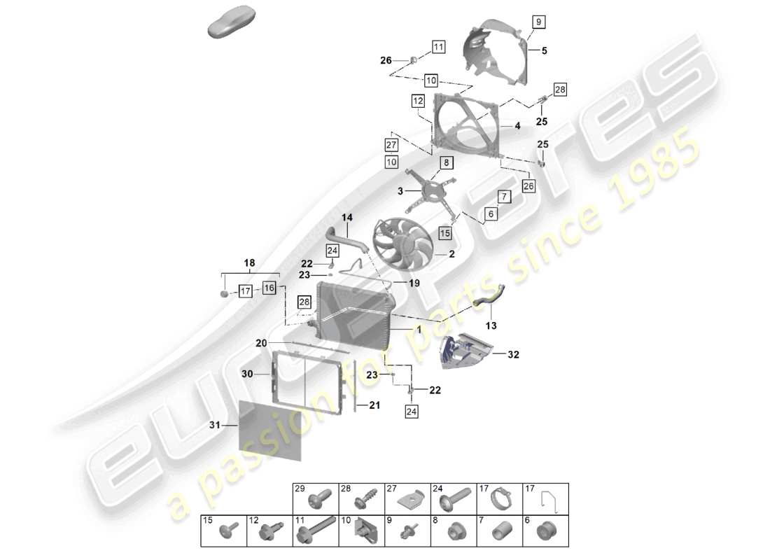 porsche 2024 (992-2) diagrama de piezas del ventilador del radiador delantero del enfriador de refrigerante