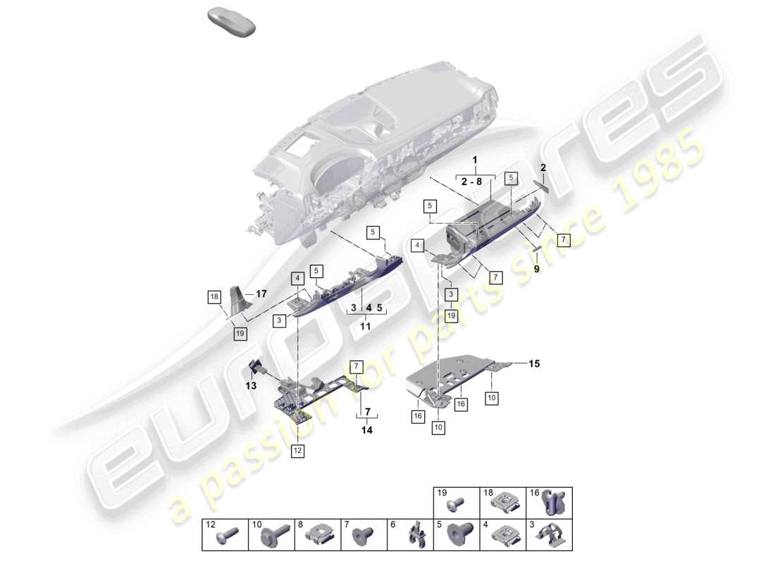porsche 2025 (cayenne e3 pa) moldura inferior del panel de instrumentos piezas de fijación del panel del tablero diagrama de piezas