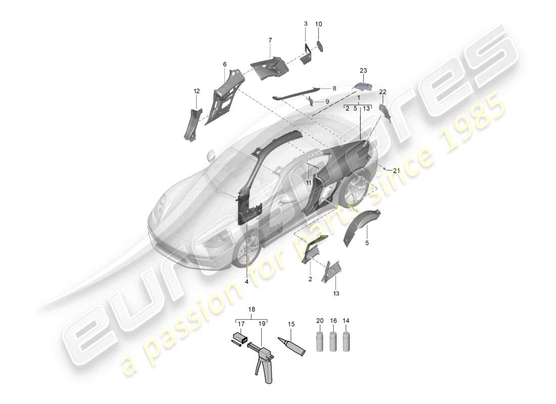 porsche 2023 (718 cayman) diagrama de piezas de la parte lateral