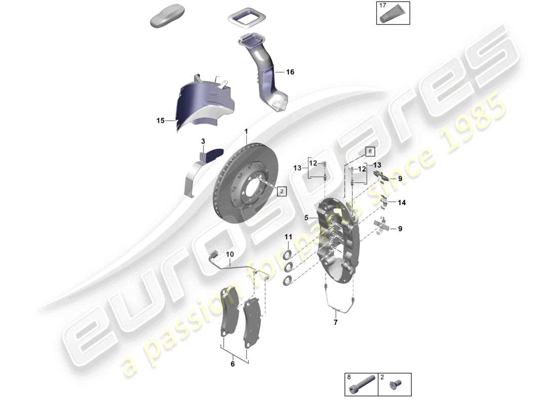 porsche 2021 (718 cayman gt4) diagrama de piezas del eje delantero del freno de disco