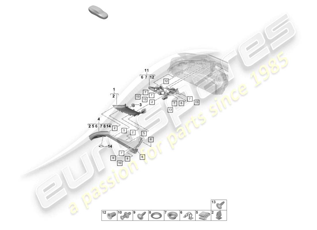 porsche 2022 (panamera 971-2) diagrama de piezas del compartimento de equipaje lateral de la moldura del pilar d