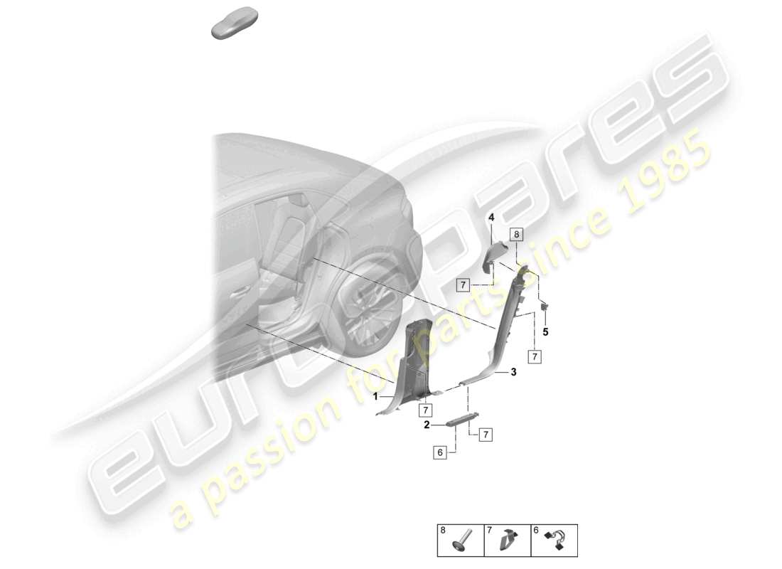 porsche 2025 (macan-e) moldura de la banda de rodadura del pilar b trasero del pilar c accesorios diagrama de piezas