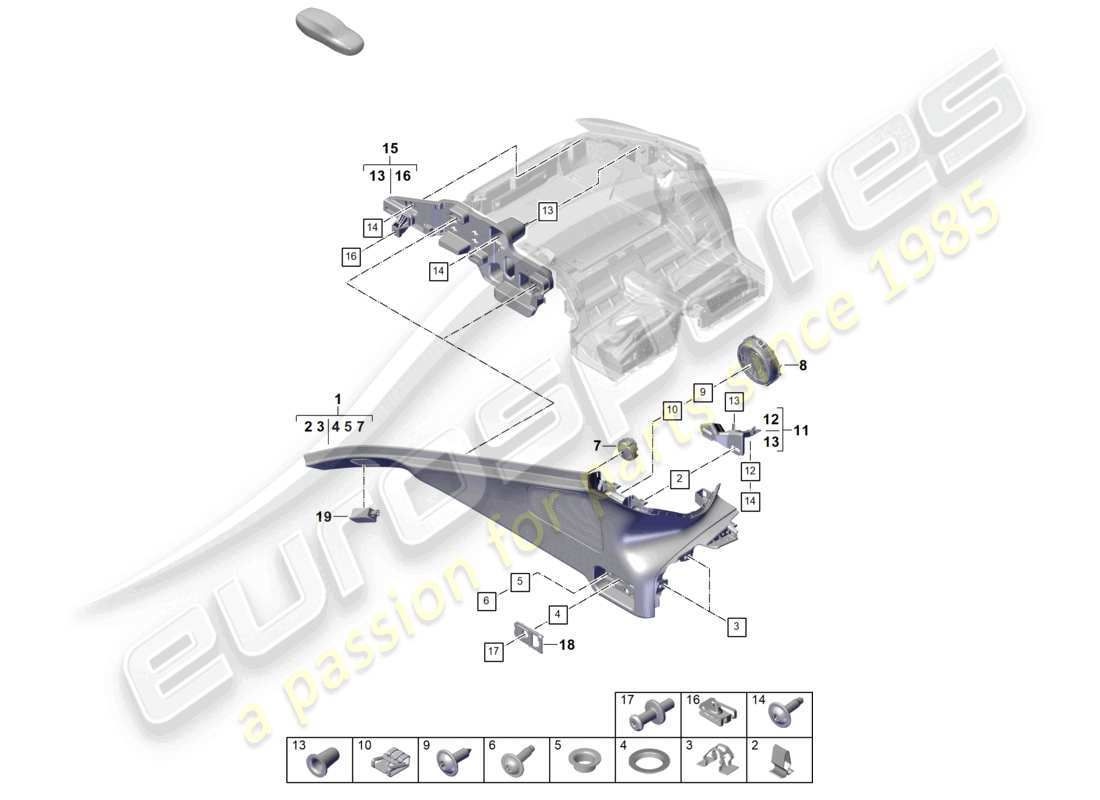 porsche 2025 (panamera 976) diagrama de piezas del compartimento de equipaje con moldura del pilar d