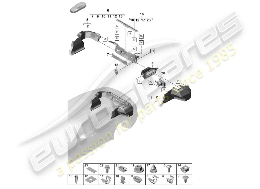 porsche 2024 (panamera 976) diagrama de piezas laterales de los embellecedores del maletero