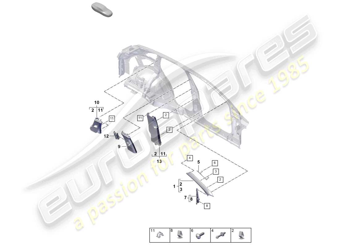 porsche 2023 (cayenne e3 pa) diagrama de piezas del elemento de deformación y moldura del pilar a superior del pilar b del pilar c