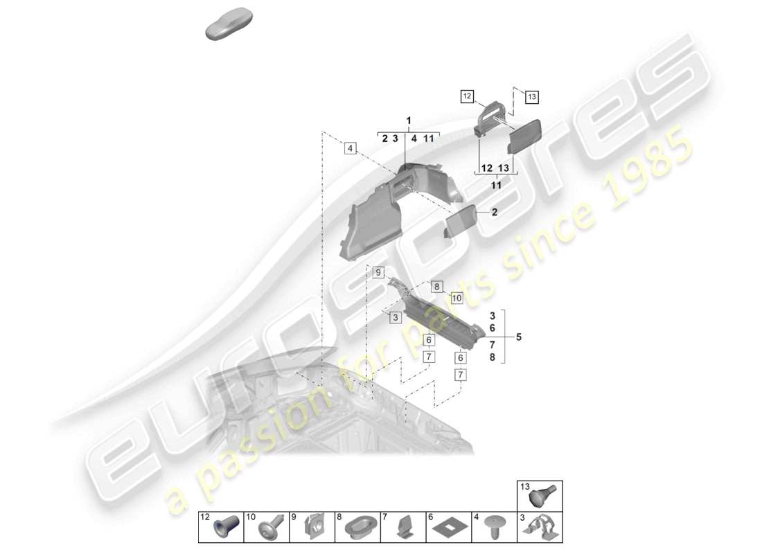 porsche 2022 (panamera 971-2) diagrama de piezas del lateral del revestimiento del maletero