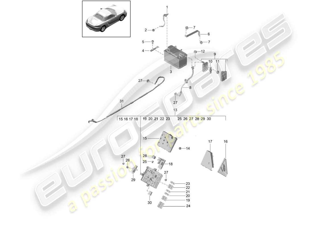 porsche 2023 (718 boxster) diagrama de piezas del distribuidor de potencial de batería