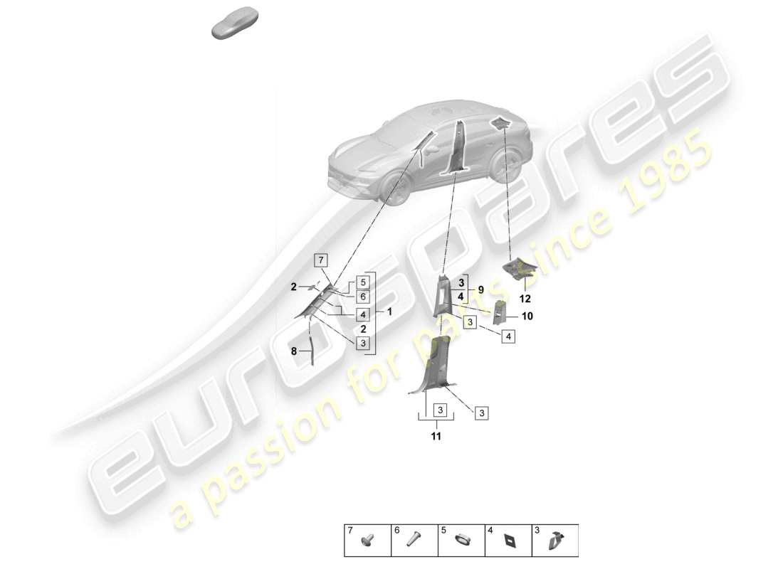 porsche 2024 (macan-e) diagrama de piezas del revestimiento del pilar a y del revestimiento del pilar b superior
