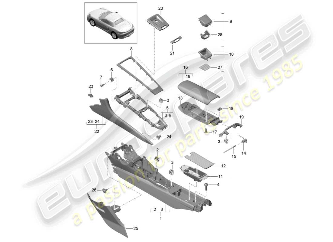 porsche 2023 (718 boxster) diagrama de piezas de la consola central