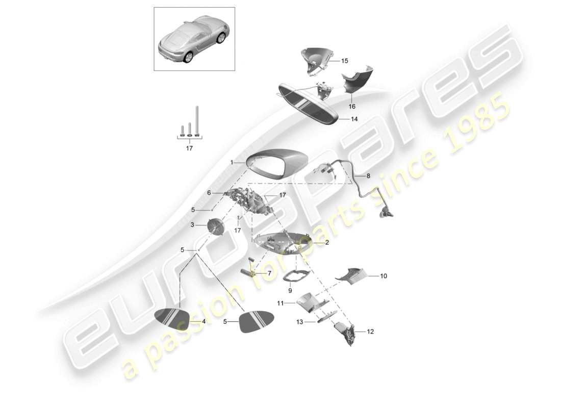 porsche 2022 (718 cayman) espejo exterior espejo interior diagrama de piezas