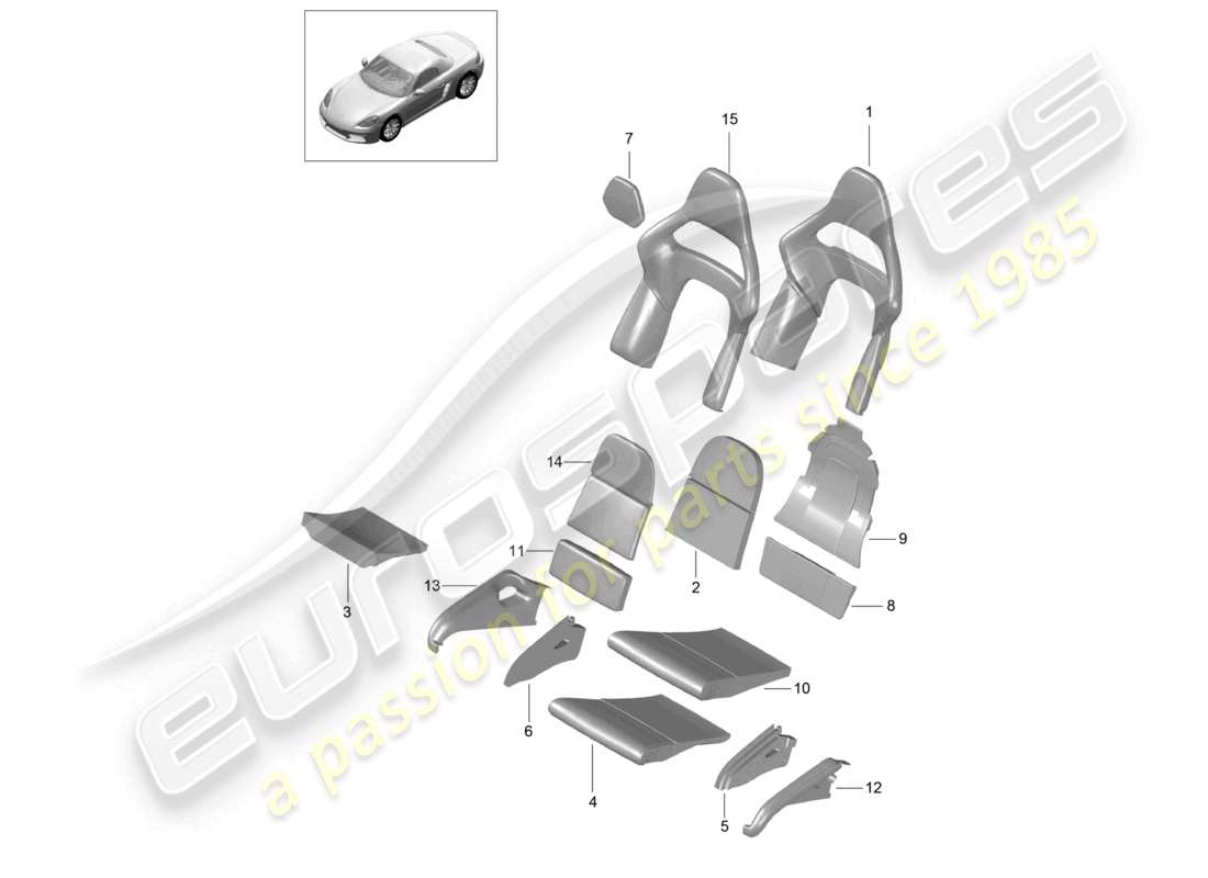 porsche 2022 (718 boxster) pieza de espuma funda de asiento plegable superficie del asiento y respaldo asiento tipo butaca diagrama de piezas