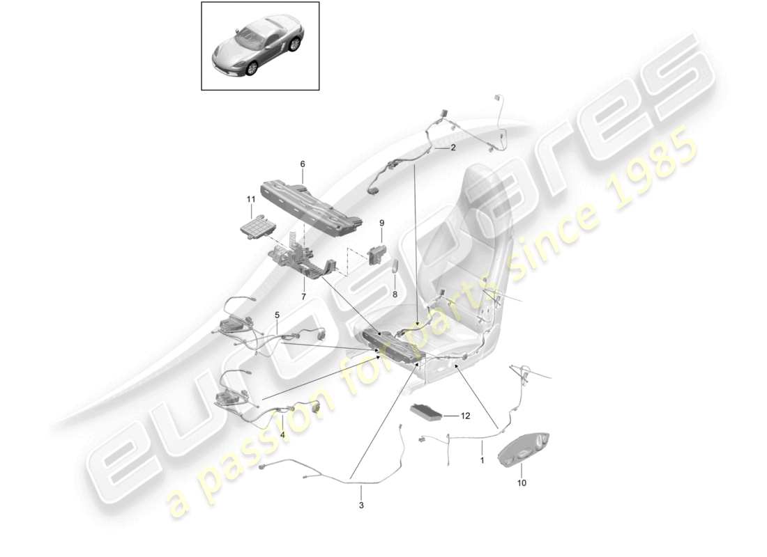 porsche 2022 (718 boxster) diagrama de piezas del asiento deportivo del motor eléctrico de la unidad de control del interruptor de cableado