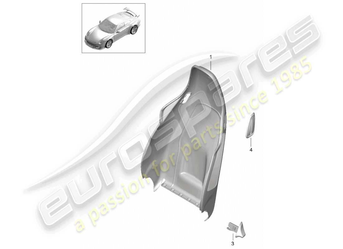 porsche 2021 (991-2 r/gt3/rs) diagrama de piezas de accesorios del asiento deportivo con carcasa del respaldo