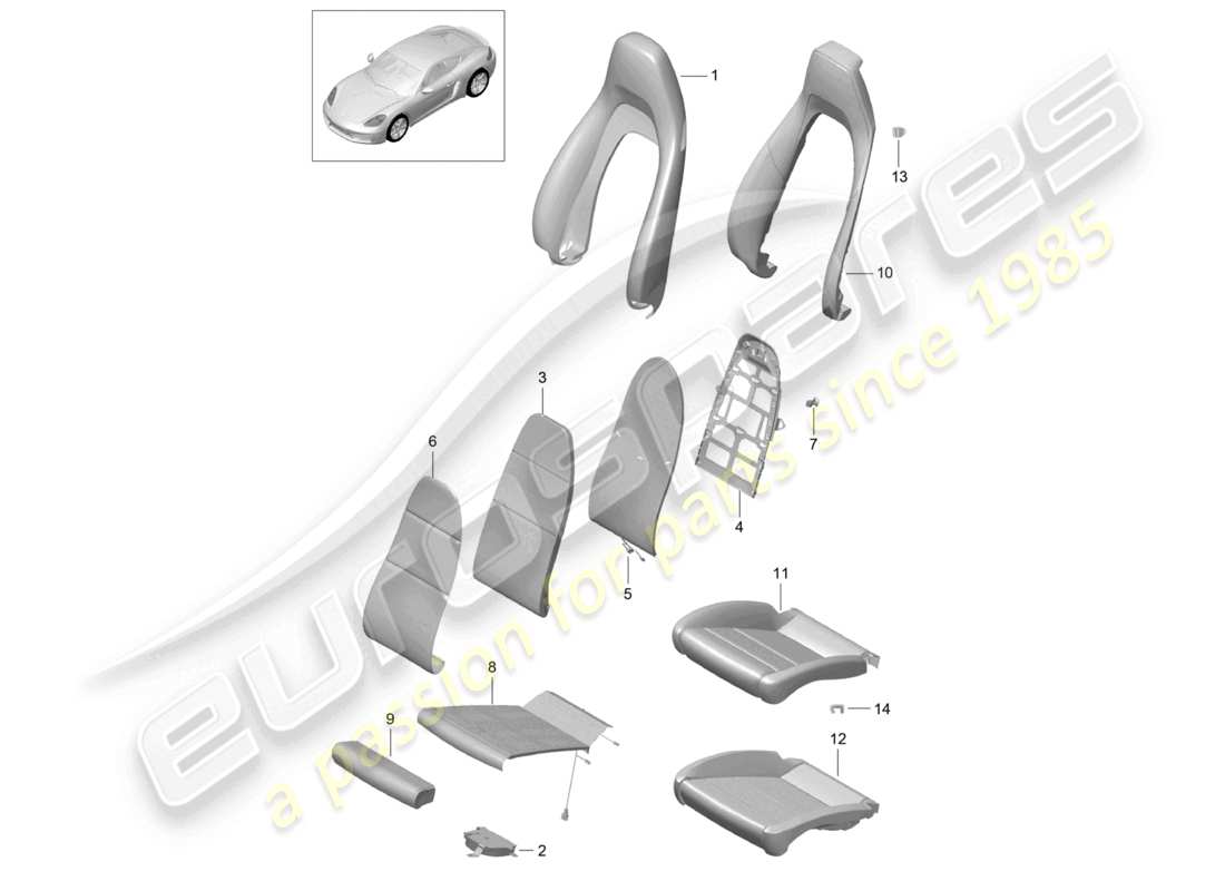 porsche 2023 (718 cayman) fundas de respaldo de piezas de espuma fundas de asiento asiento deportivo diagrama de piezas plus