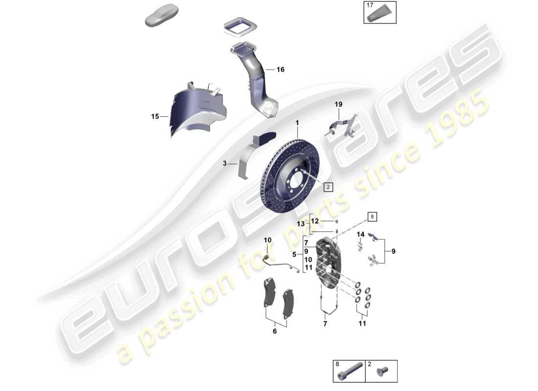 porsche 2021 (718 cayman gt4) diagrama de piezas del eje delantero del freno de disco