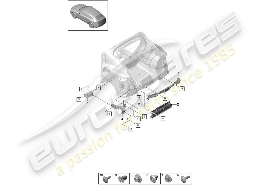 porsche 2024 (cayenne e3 9ya/9yb) diagrama de piezas básicas del coupé para los sujetadores del parachoques trasero