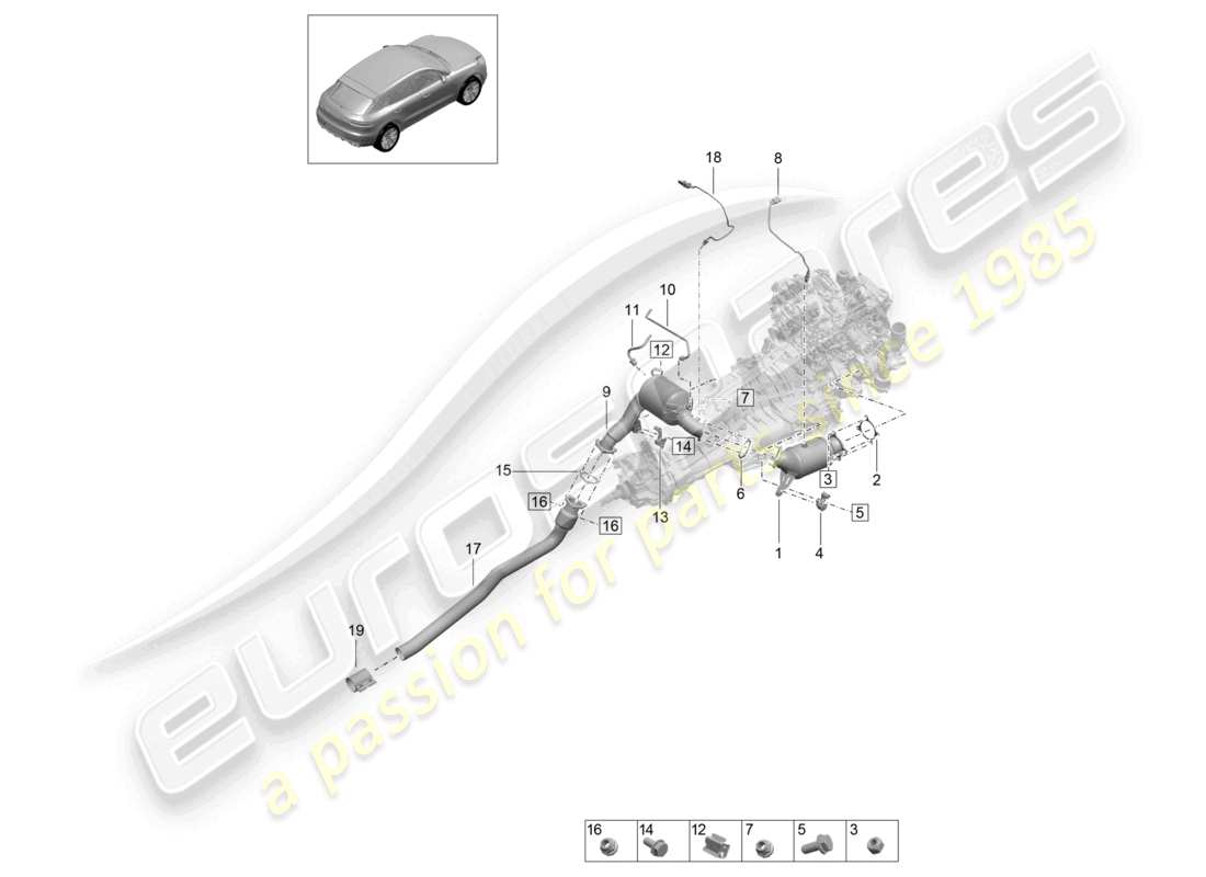 porsche 2023 (macan) convertidor catalítico filtro de partículas de gasolina sonda lambda diagrama de piezas