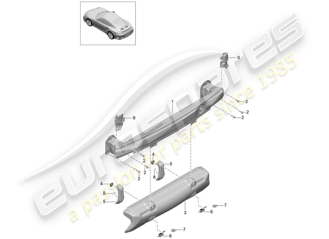 porsche 991 turbo (2018) diagrama de piezas del soporte de parachoques