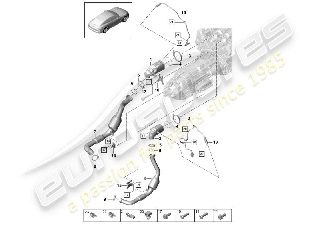porsche 2021 (panamera 971-1) sistema de escape convertidor catalítico sonda lambda diagrama de piezas