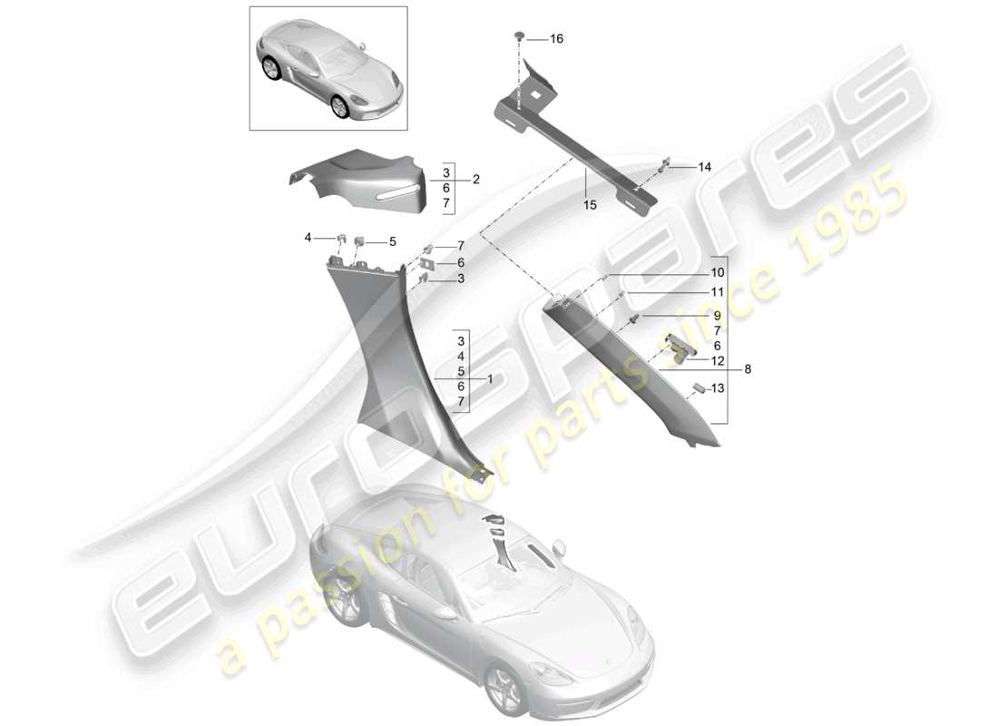porsche 2023 (718 cayman) diagrama de piezas del pilar b de la moldura del panel lateral