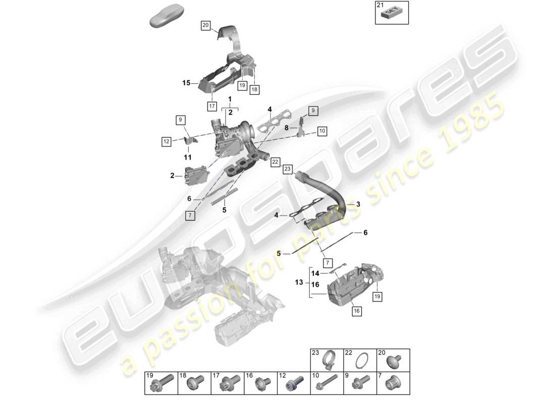 porsche 2024 (992-2) diagrama de piezas del turbocompresor de gases de escape y del colector de escape