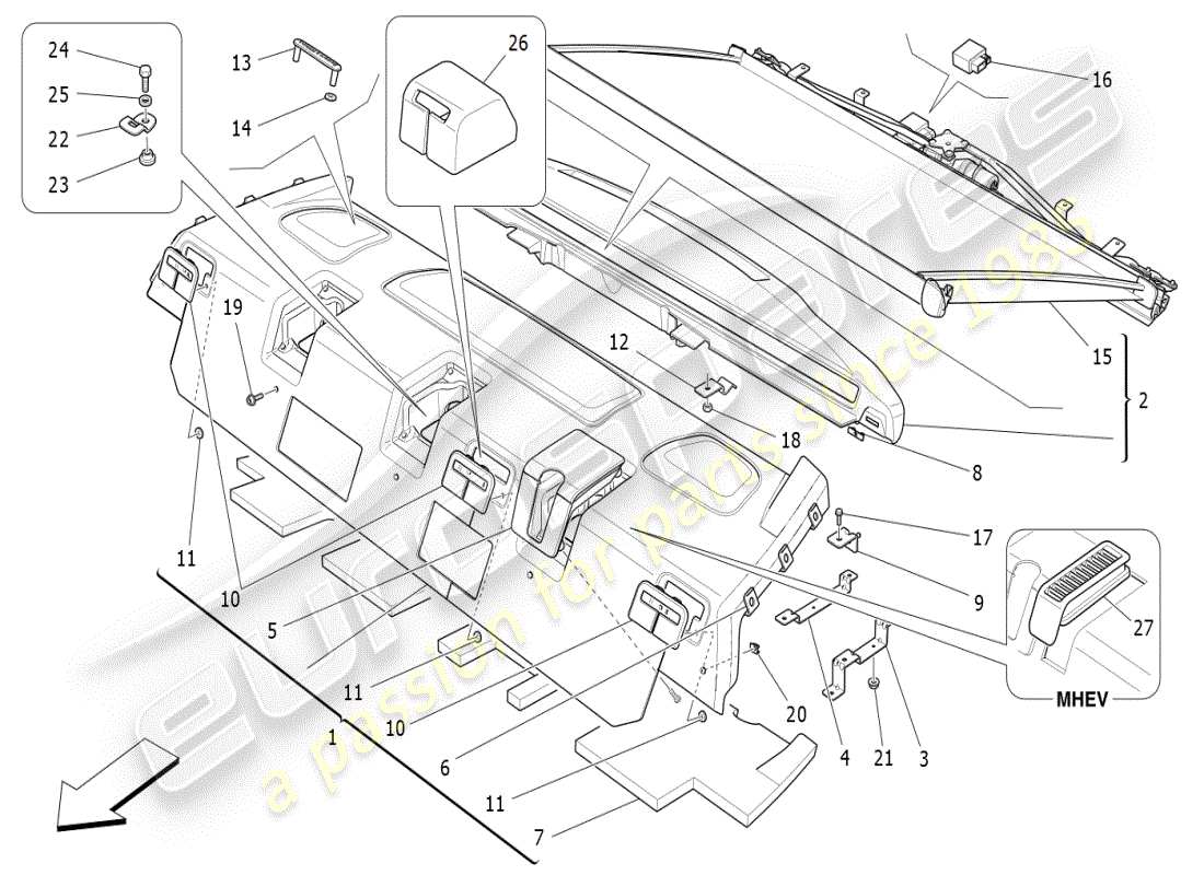 maserati ghibli (2019) estante trasero para paquetes diagrama de piezas