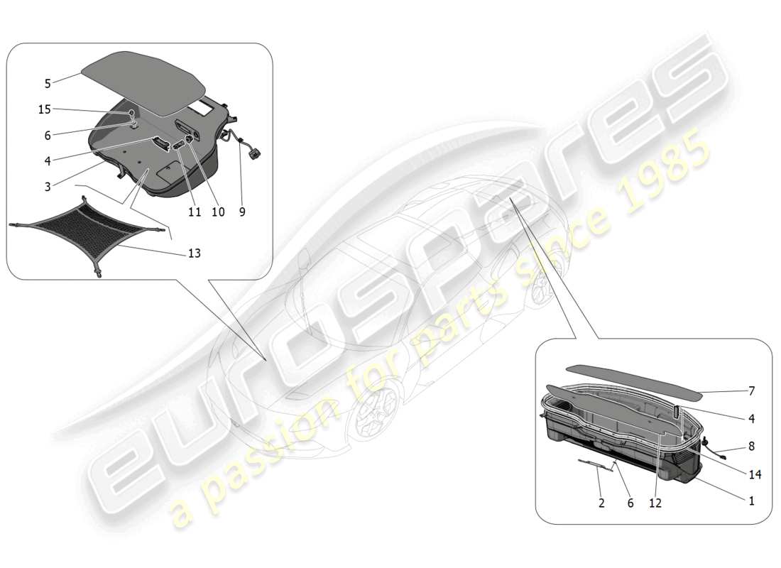 maserati mc20 cielo (2023) compartimientos del maletero diagrama de piezas