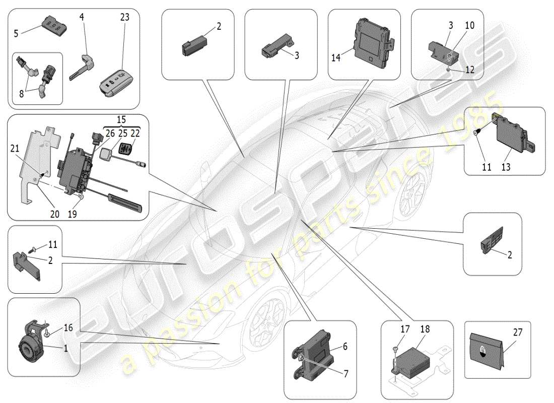 maserati mc20 (2024) diagrama de piezas del sistema de alarma e inmovilizador