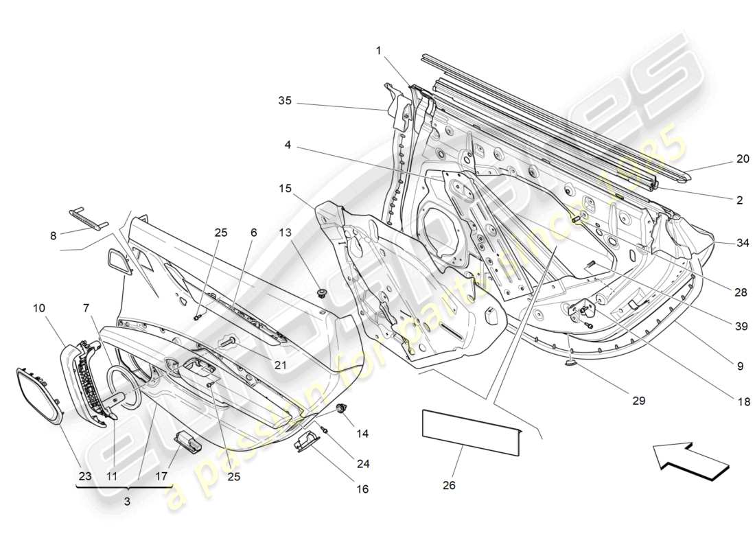 maserati ghibli fragment (2022) puertas traseras: diagrama de piezas de los paneles embellecedores