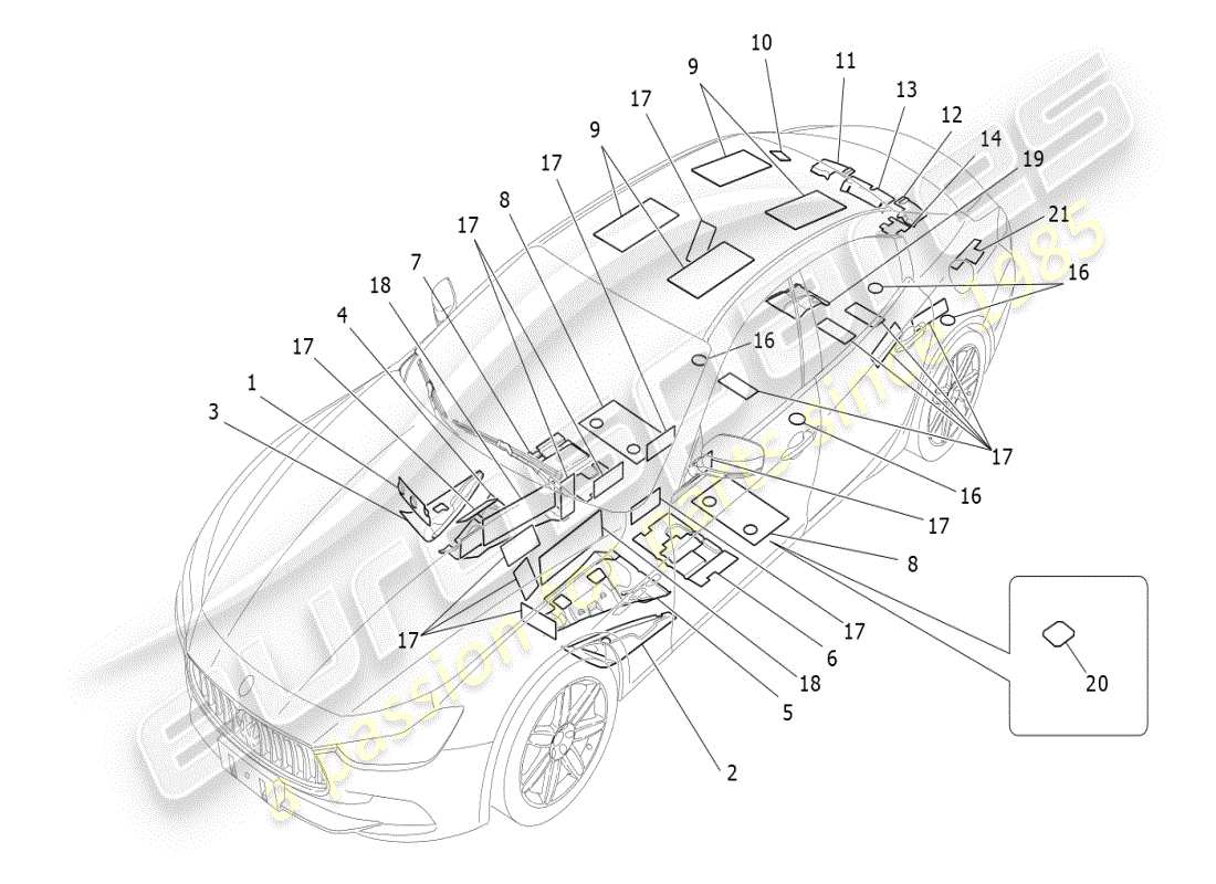 maserati ghibli (2021) paneles de insonorización en el interior del vehículo. diagrama de piezas.