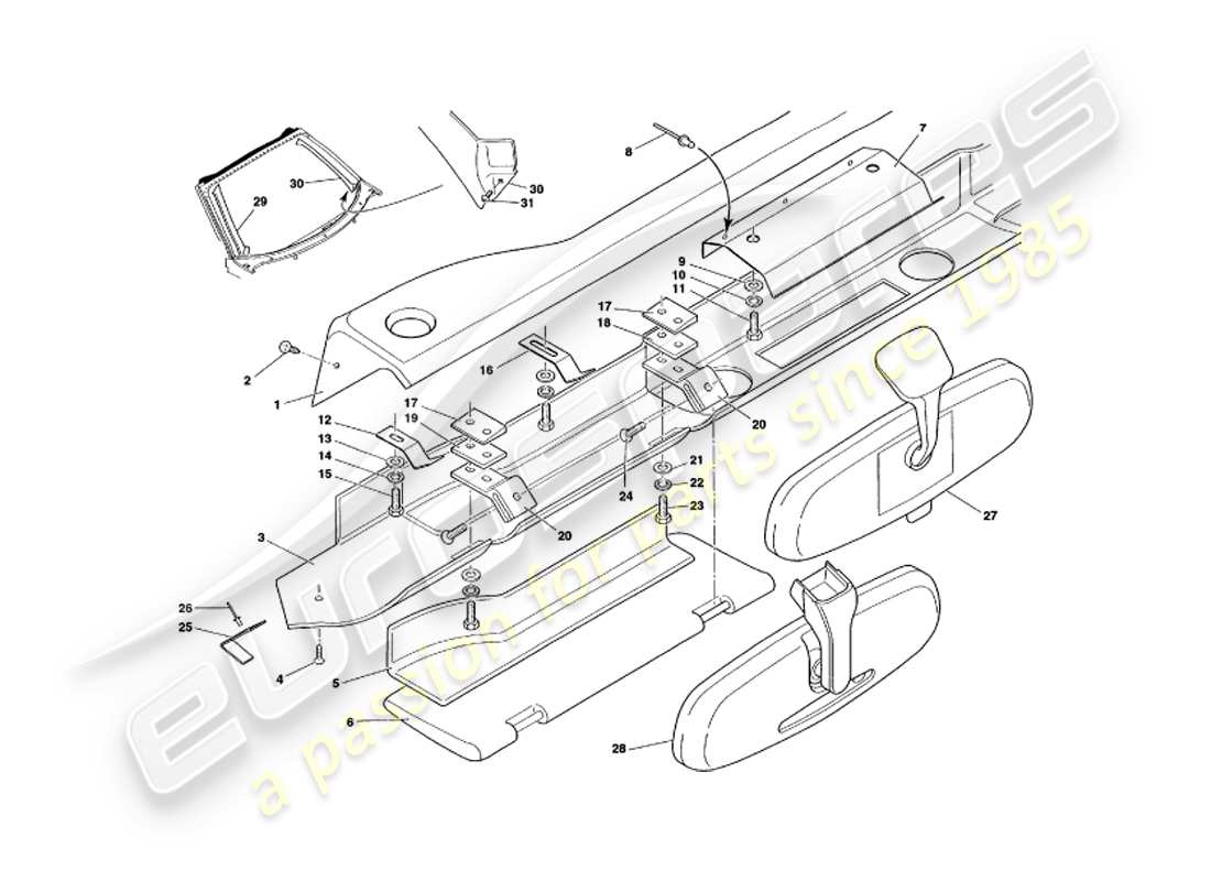 aston martin v8 volante (1999) diagrama de piezas de fascia y molduras