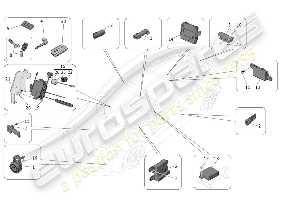 maserati mc20 cielo (2023) sistema de alarma e inmovilizador diagrama de piezas