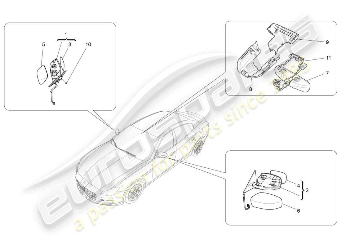 maserati quattroporte (2018) diagrama de piezas de los espejos retrovisores internos y externos