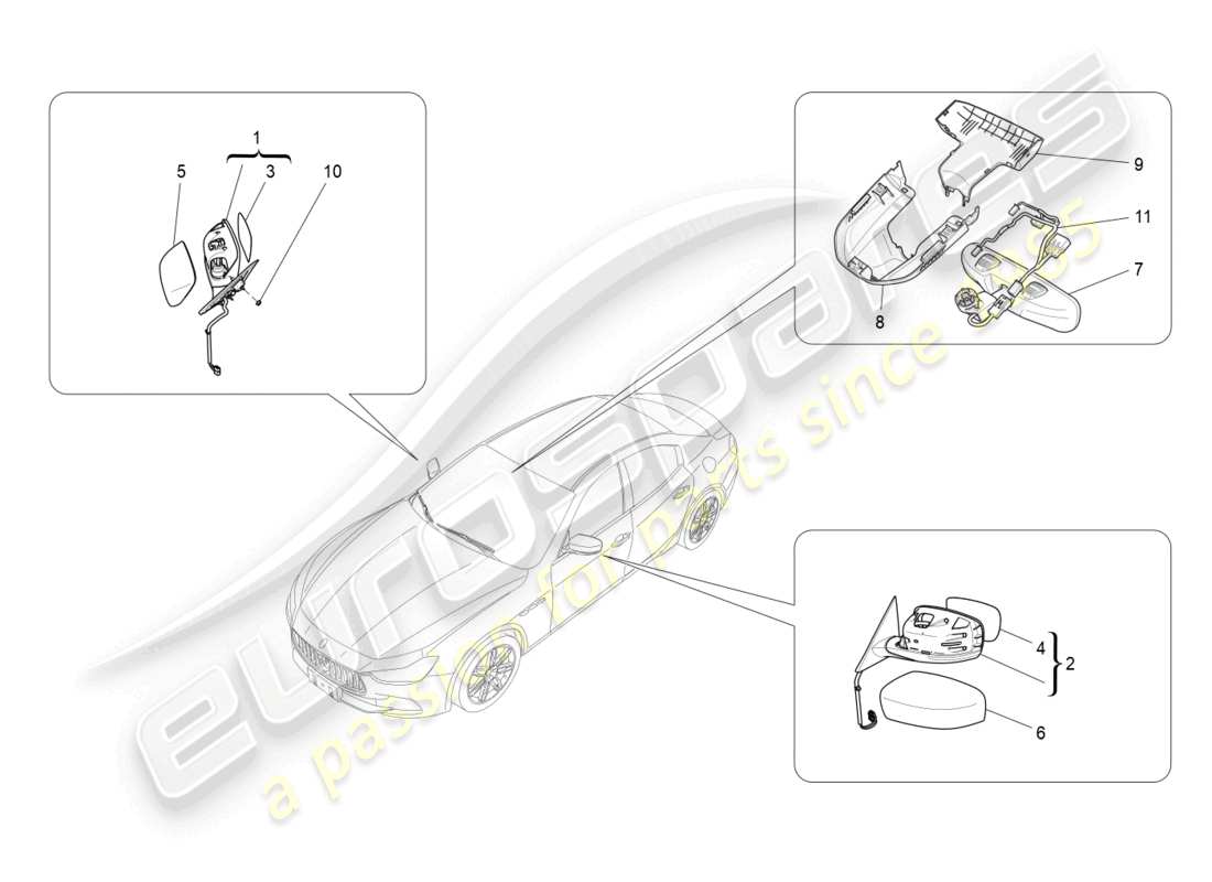 maserati ghibli fragment (2022) diagrama de piezas de los espejos retrovisores internos y externos