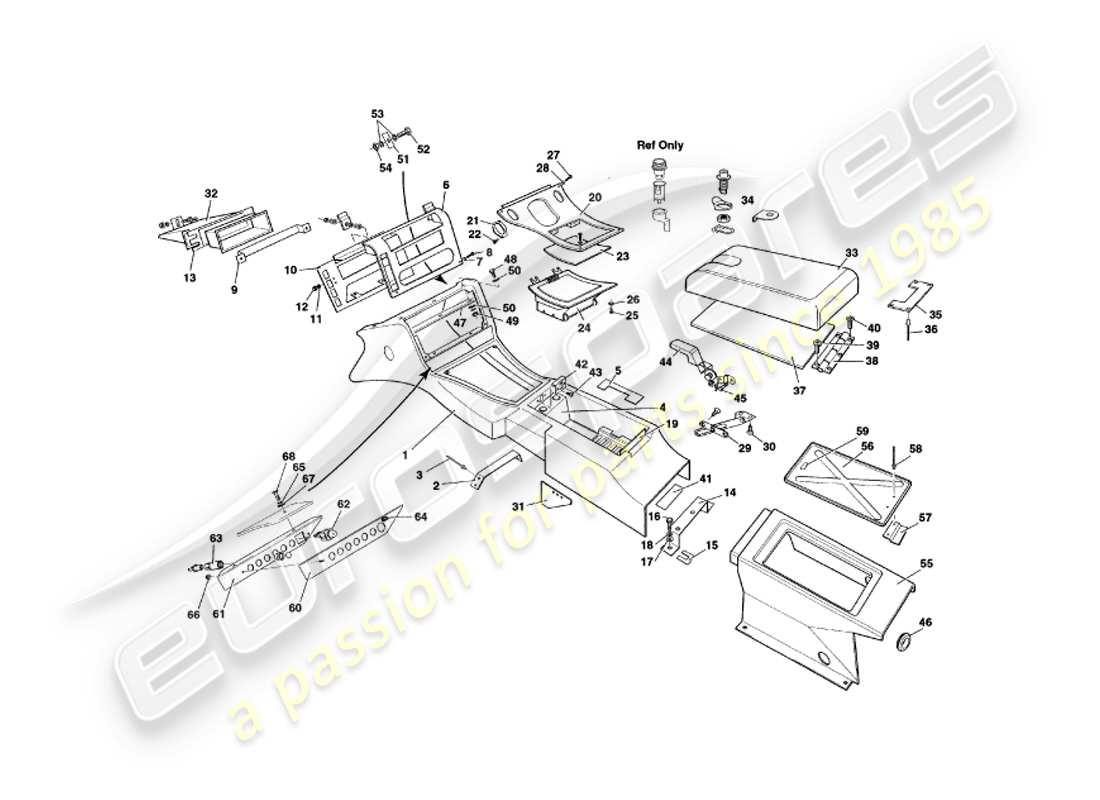 aston martin v8 coupe (1999) diagrama de piezas de moldura y consola central