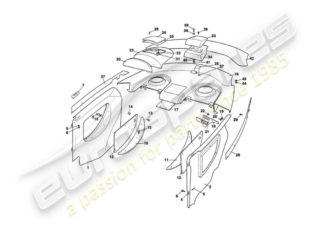 aston martin v8 coupe (1999) diagrama de piezas de moldura trasera