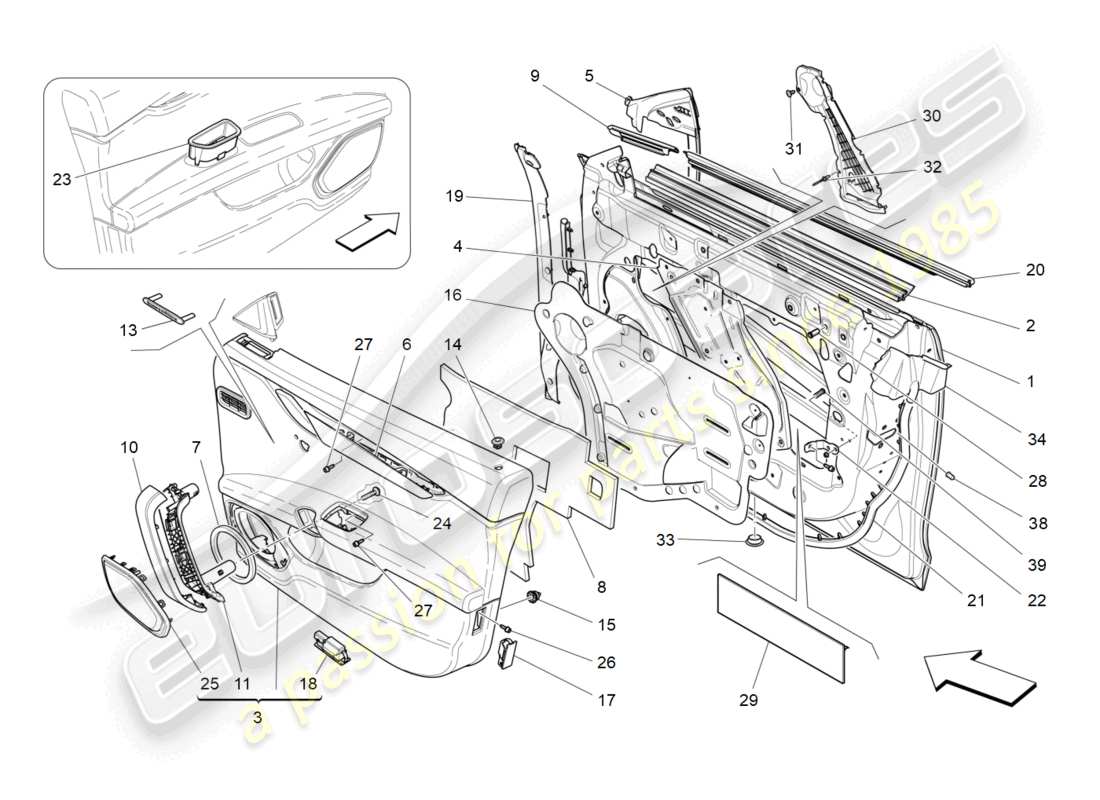 maserati ghibli fragment (2022) puertas delanteras: diagrama de piezas de los paneles embellecedores