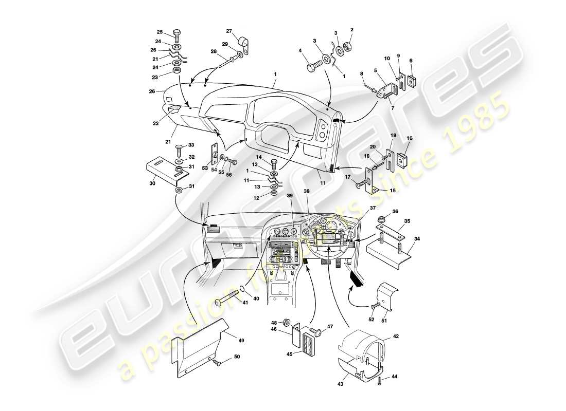 aston martin v8 coupe (2000) diagrama de piezas de fascia y molduras