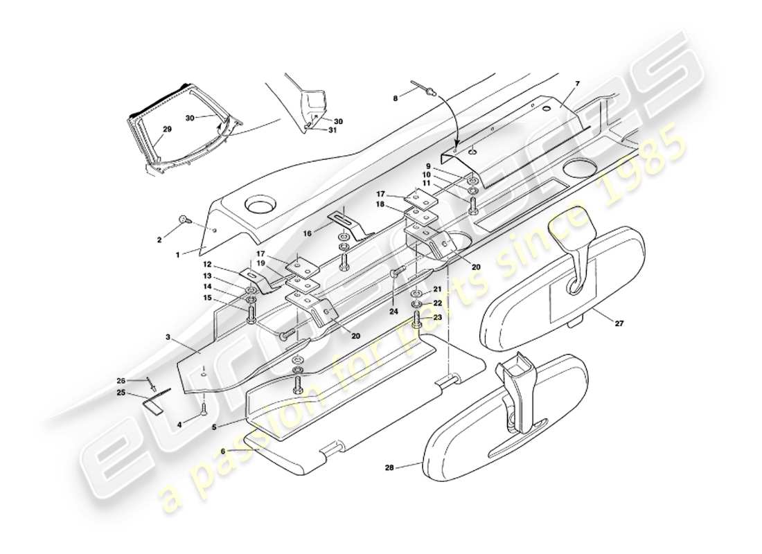 aston martin v8 volante (1997) diagrama de piezas de fascia y molduras