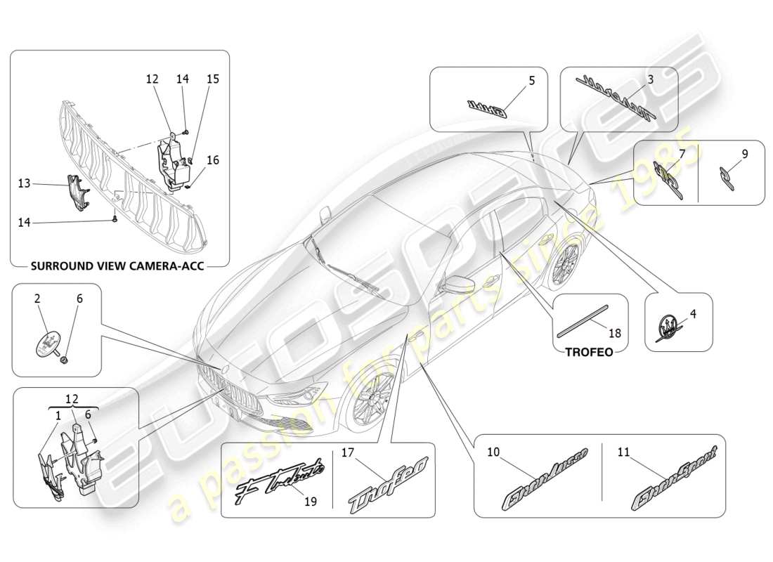 maserati ghibli (2018) diagrama de piezas de adornos, marcas y símbolos